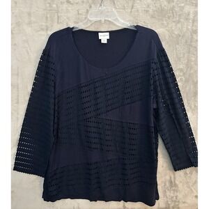 Jaclyn Smith Top Womens 2XL Navy Blue 3/4 Sleeve Textured Eyelet Pullover shirt